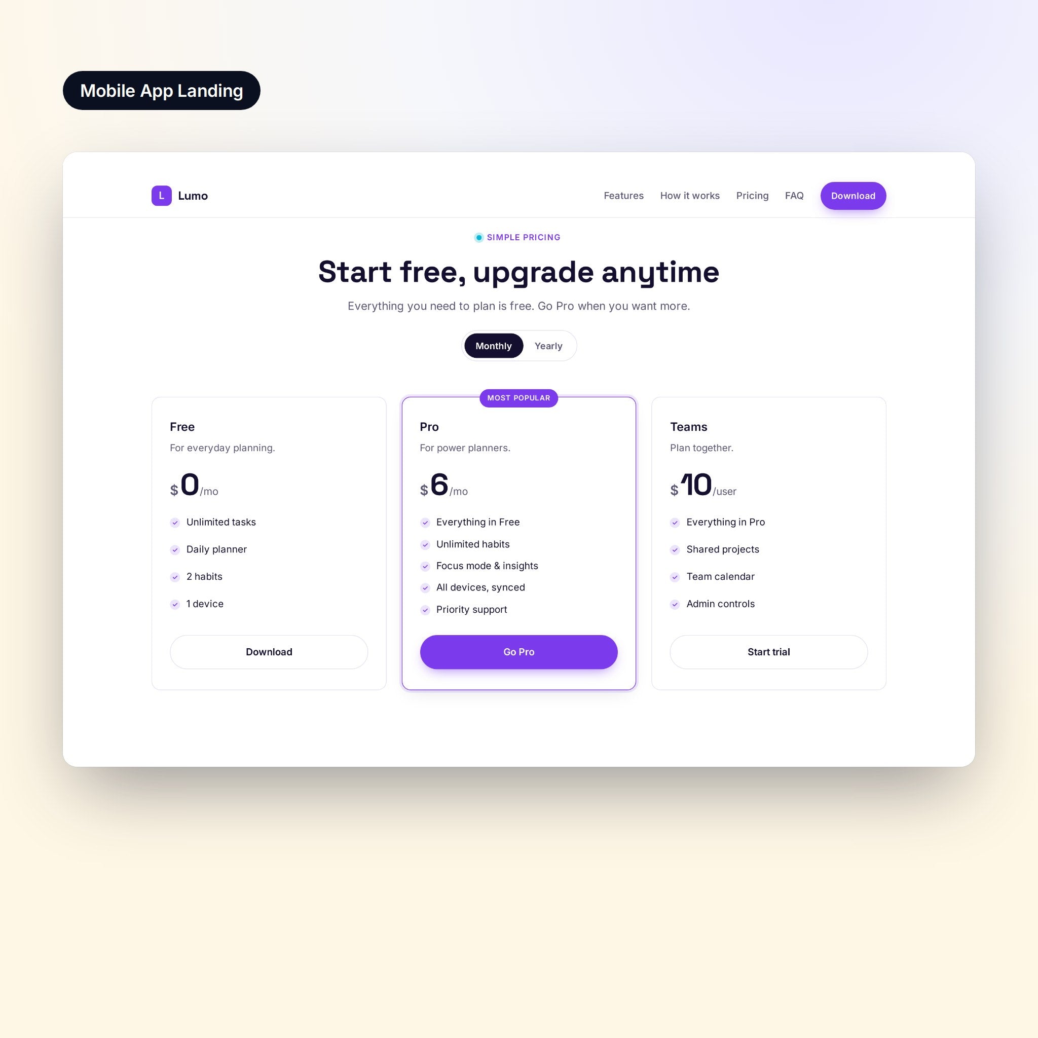 Pricing table
