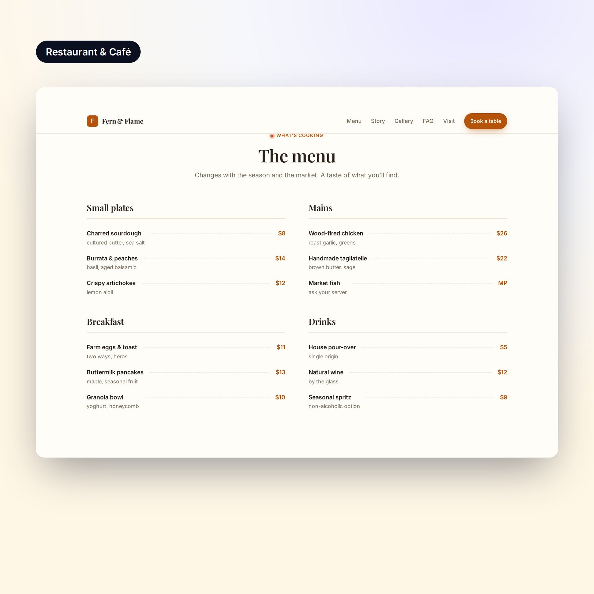 Pricing table