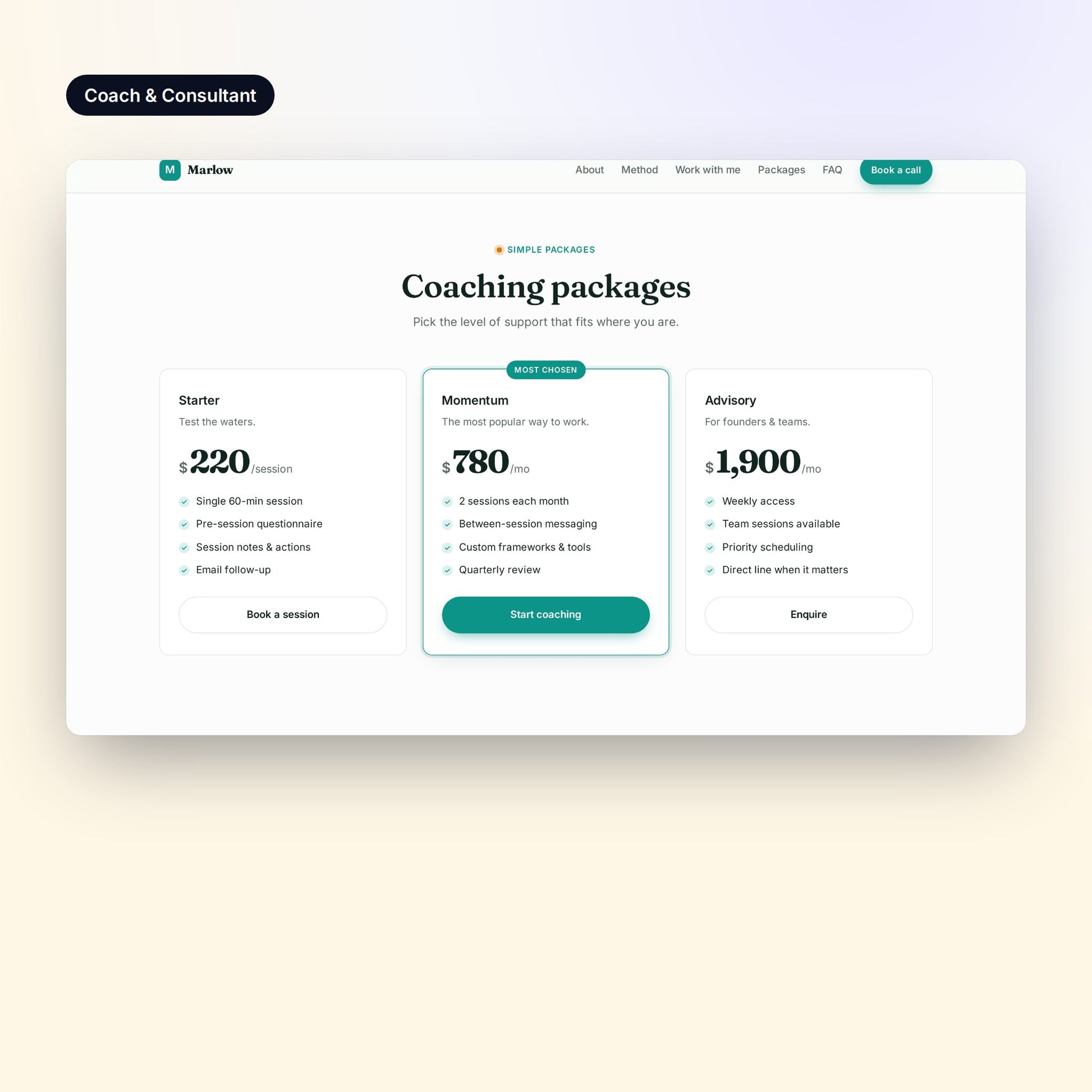 Pricing table