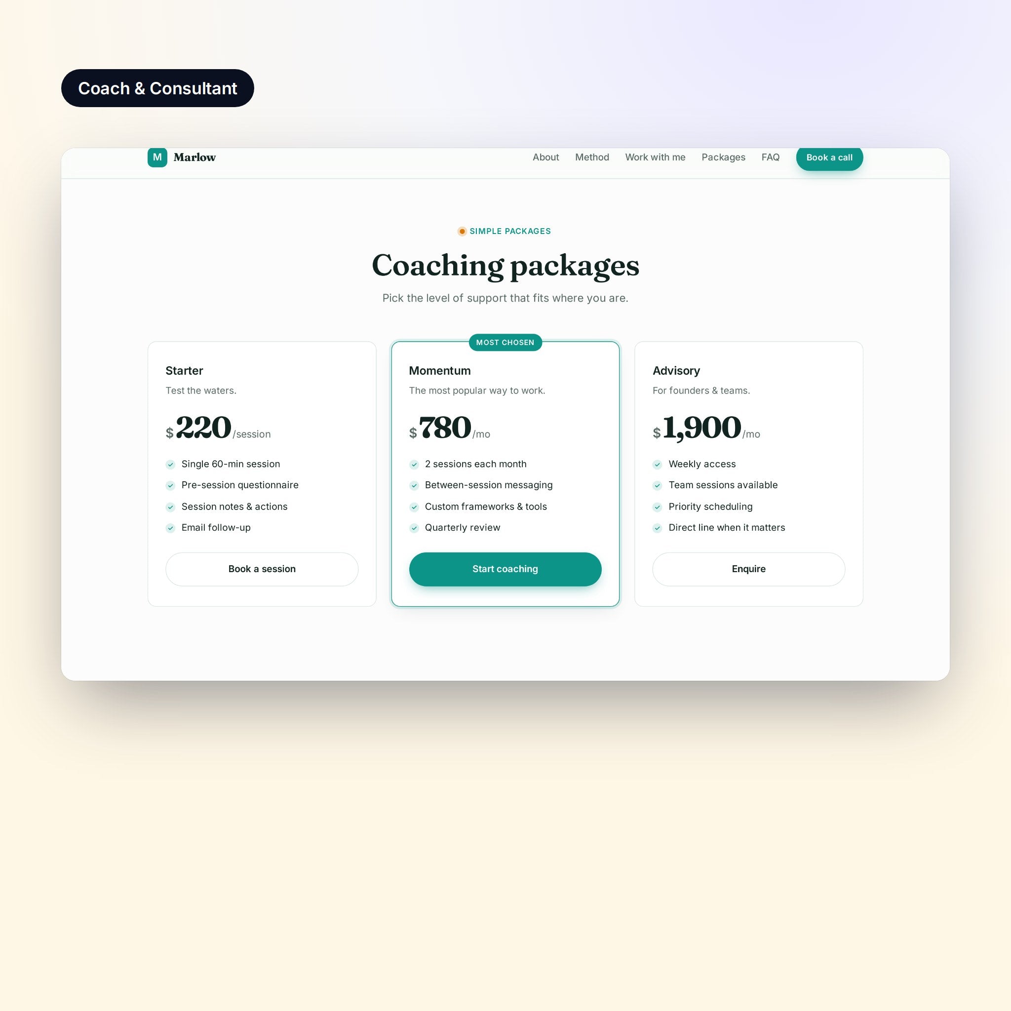 Pricing table
